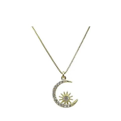 Pave Crescent Moon Charm On Gold Filled Chain Necklace