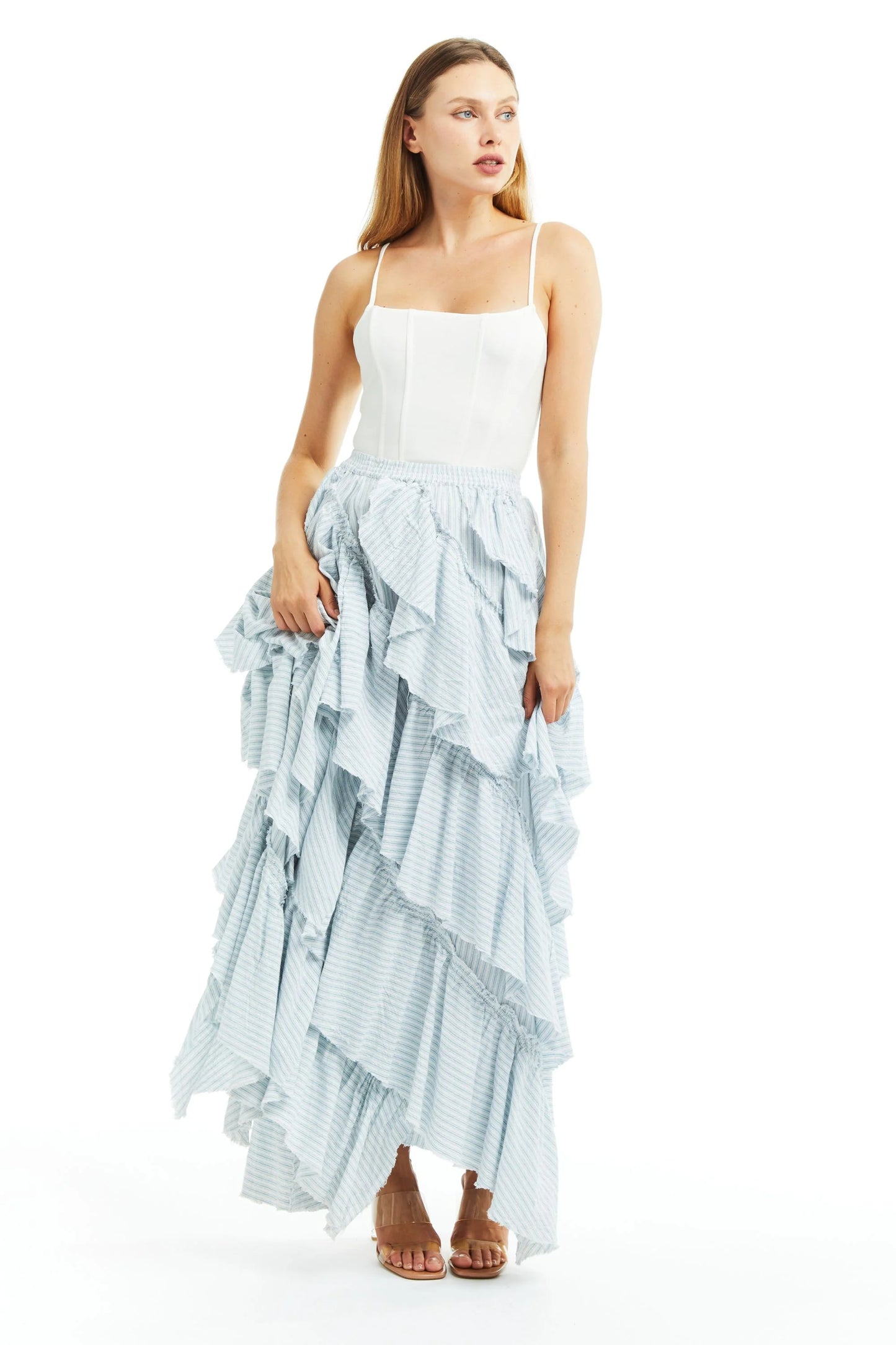 Runaway Bride Striped Ruffled Maxi Skirt