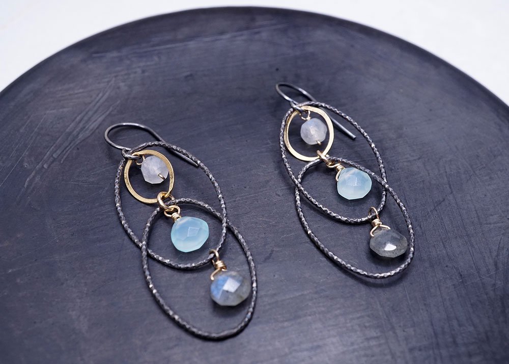Textured Oval Chalcedony, Moonstone, & Labradorite Earring