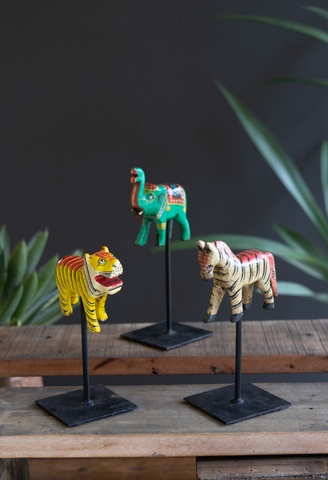 Painted Wooden Animals on Metal Stands