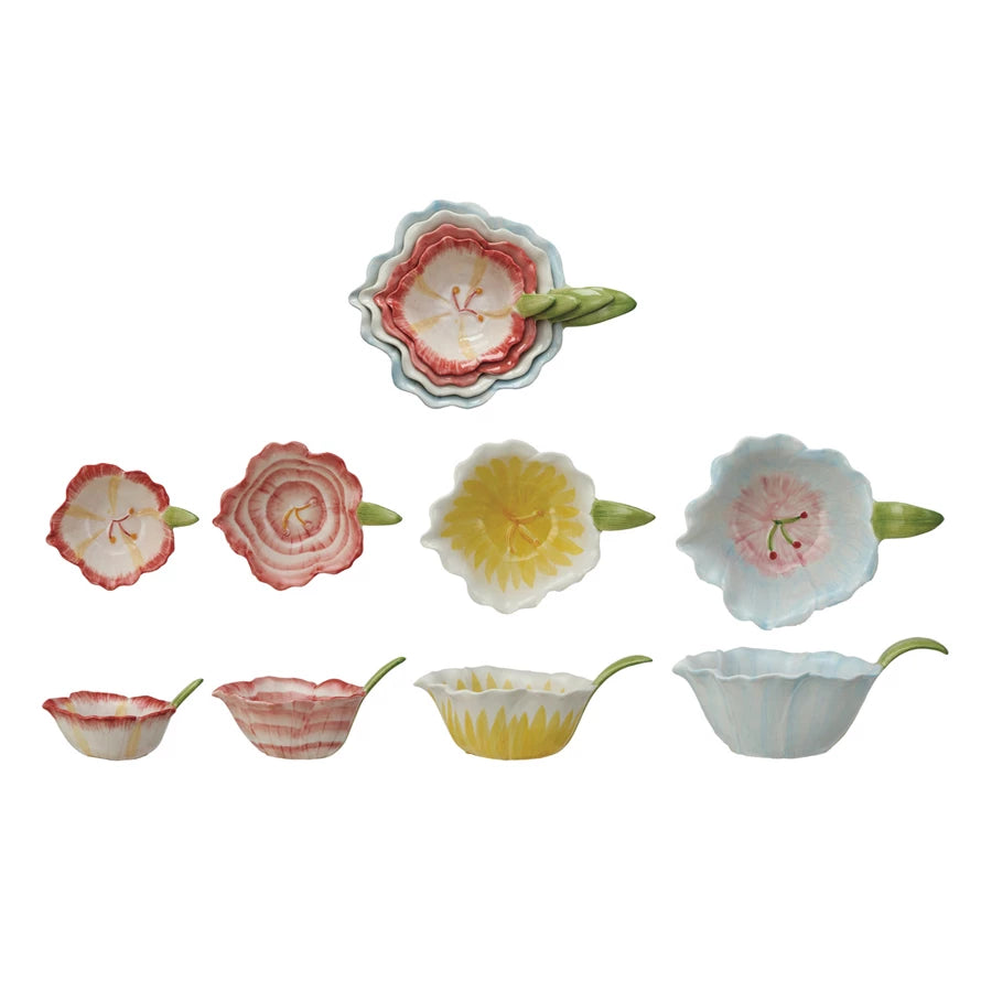 Blossom Hand-Painted Stoneware Flower Shaped Prep Bowls, Set of 4