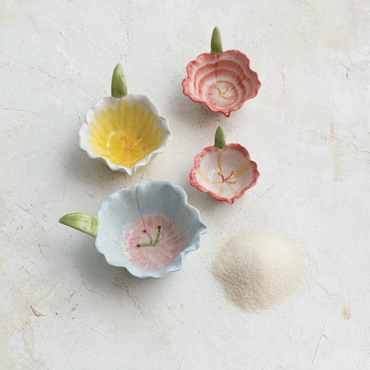 Blossom Hand-Painted Stoneware Flower Shaped Prep Bowls, Set of 4