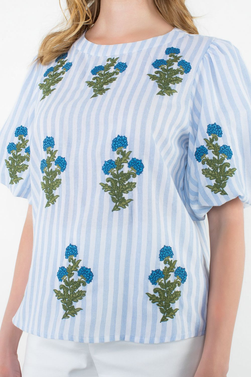 Annika Striped Embroidered Flower Top