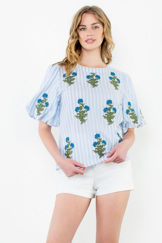 Annika Striped Embroidered Flower Top