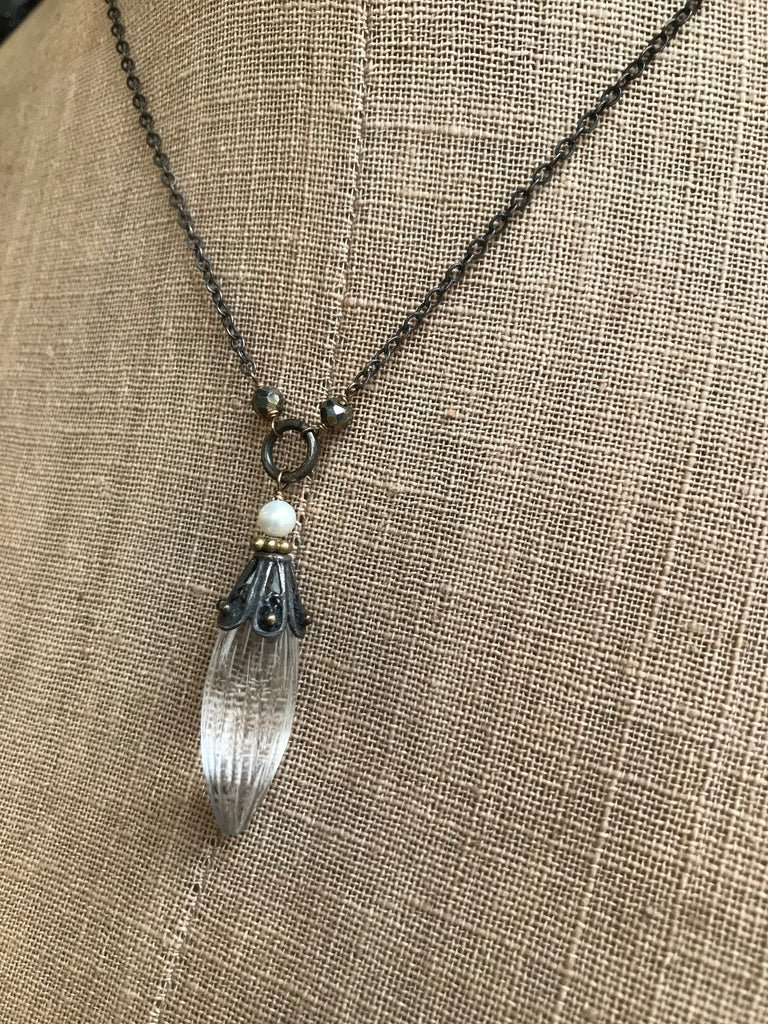 Striped Quartz, Pyrite, and Pearl Drop Necklace