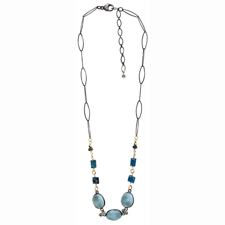 Three Aquamarine Coins with Moss Kyanite Necklace