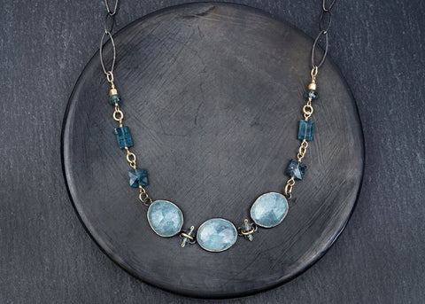 Three Aquamarine Coins with Moss Kyanite Necklace